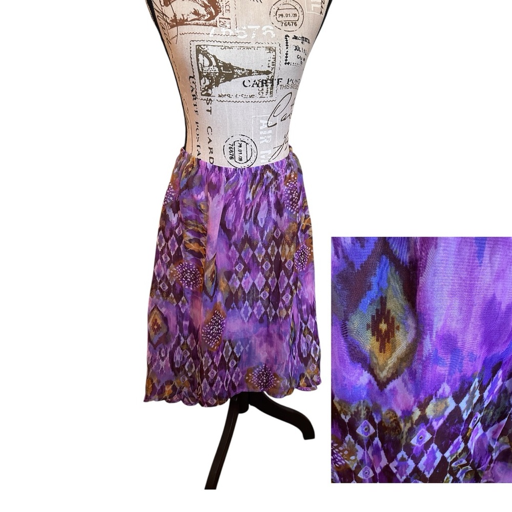 Knit Works Purple Ikat Boho Flowy Skirt Elastic Waist S/M High Low Festival